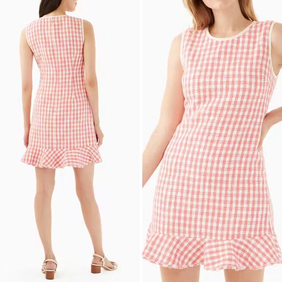 NEW KATE SPADE DRESS XS PINK WHITE METALLIC GOLD TWEED GINGHAM RUFFLE TIERED - Picture 1 of 14